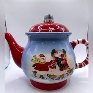 Festive Snowman Red and Blue Teapot